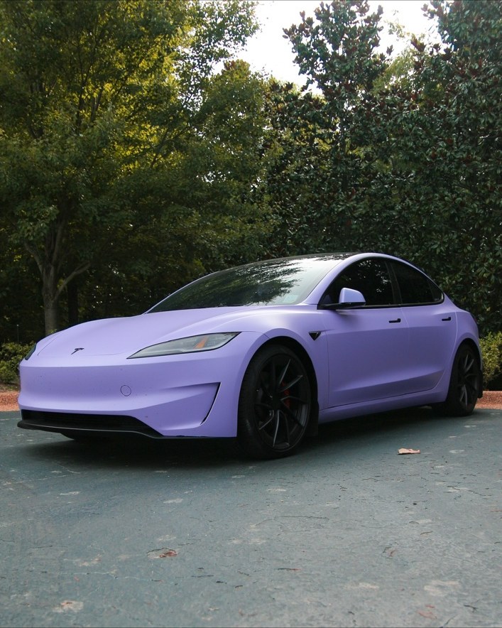 Lavender wrapped Tesla Model 3