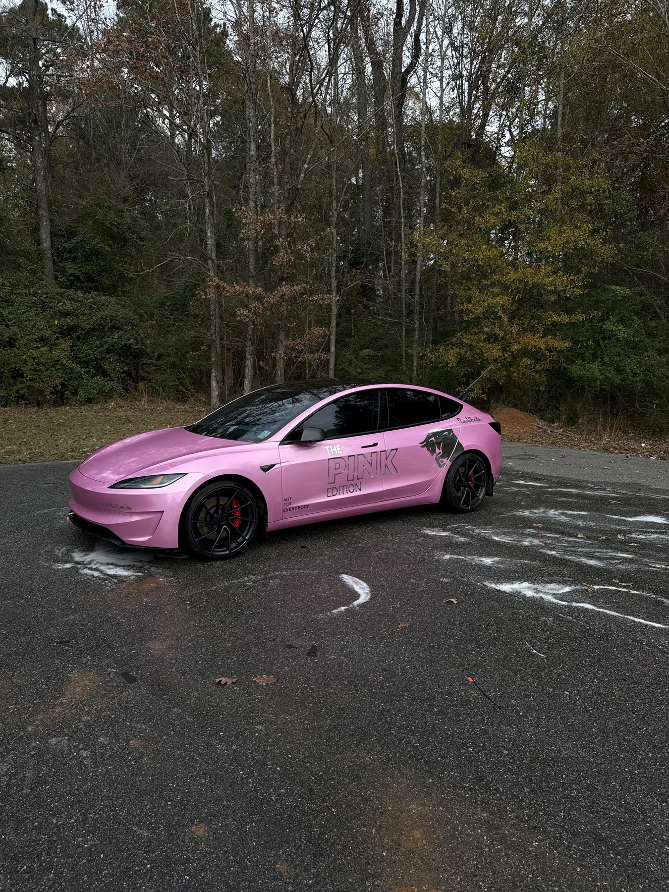 Pink wrapped Tesla Model 3